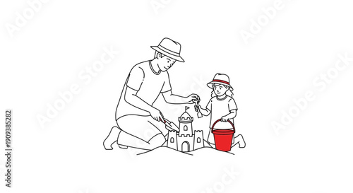 Father and Child Building Sandcastle on Beach, Summer Vacation Fun
