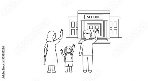 Family waving goodbye to school, back to school, education, children, parents