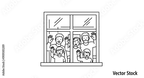 Family Waving From Window, Staying Home, Social Distancing, Quarantine Concept