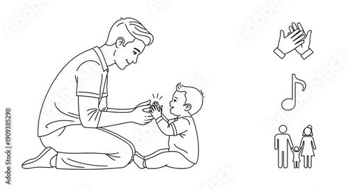 Father and baby clapping hands, learning, family, joy, music icons, black and white line art.