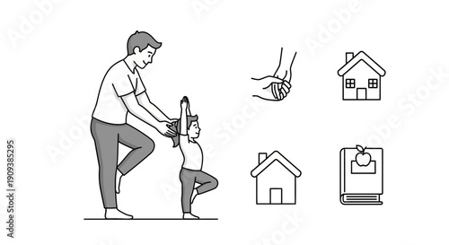 Father and child doing yoga at home, family bonding, healthy lifestyle, education symbols