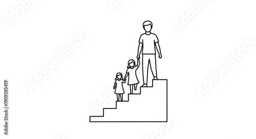 Father and Daughters Ascending Stairs Together, Symbolizing Growth and Family Support
