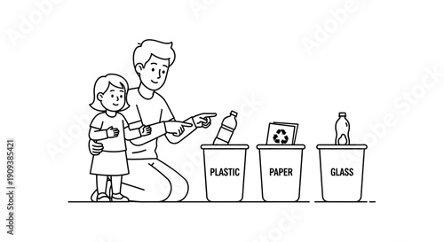 Father and daughter recycling plastic, paper, and glass in bins, teaching environmental responsibility.