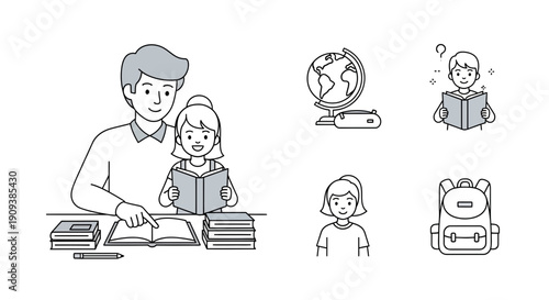 Father and daughter reading books together, education, learning, school supplies, globe, backpack, happy family