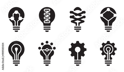 Bold graphic light bulb icons with mechanical gears and geometric patterns for smart design
