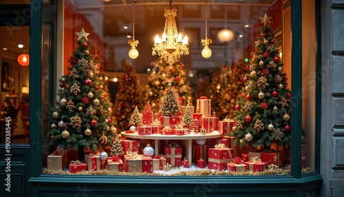 Store window display with many decorated Christmas trees and red gold gift boxes. Festive winter holiday scene with lights and ornaments. Seasonal shopping and celebration atmosphere.