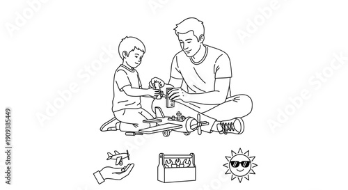 Father and Son Building Toy Airplanes Together, Bonding, Creative Hobby