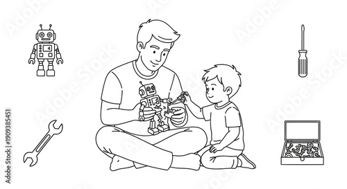 Father and Son Building Robot Toy Together, Fun Family Hobby Time