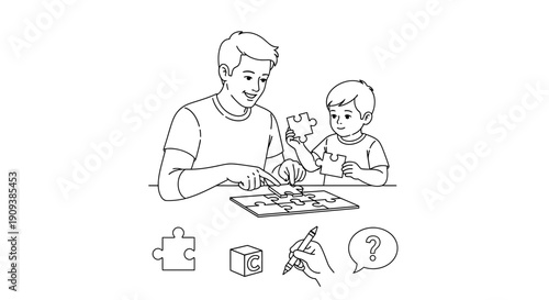 Father and son assembling jigsaw puzzle, learning and fun, teamwork, problem solving, educational activity