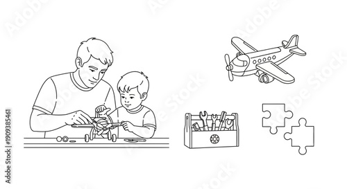 Father and son building a toy airplane with tools and puzzle pieces