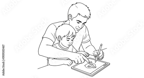 Father and son drawing on tablet, learning and playing together, digital art