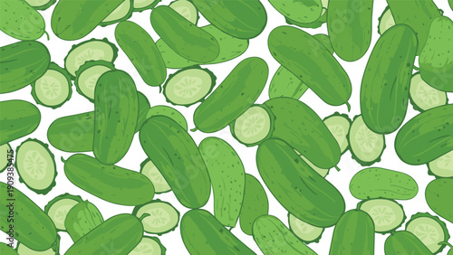 Refreshing food pattern composed of numerous whole green cucumbers and fresh slices scattered randomly across a bright white background.