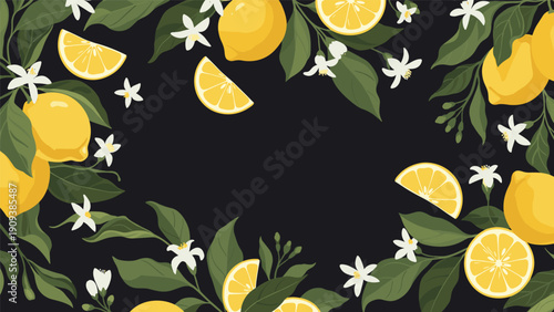 Sophisticated botanical illustration of yellow lemons on leafy branches with white blossoms set against a contrasting black background.