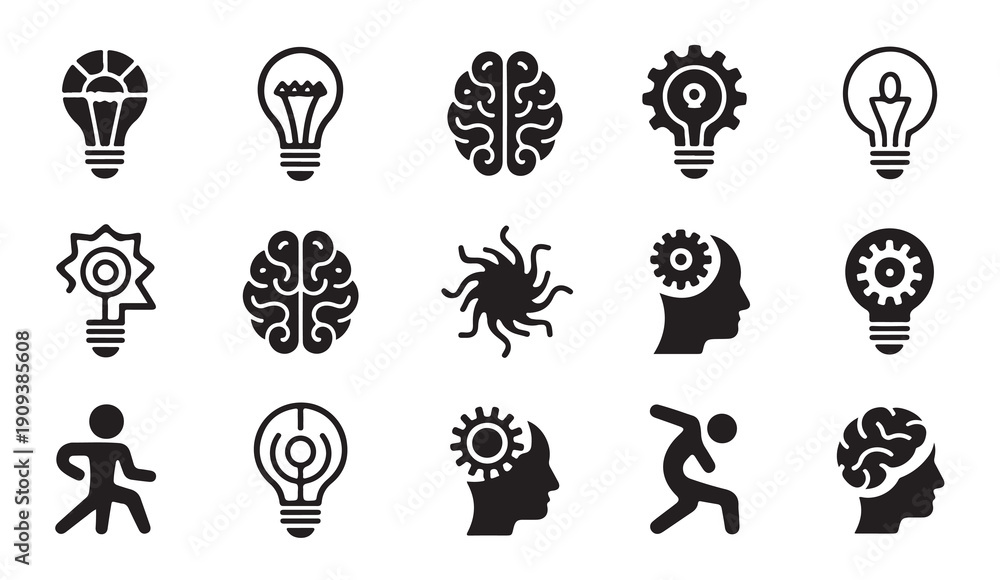 Fototapeta premium Creative innovation and cognitive function symbols featuring light bulbs gears and brain art