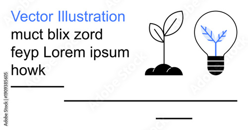 Sustainability, innovation, eco-friendly design, energy efficiency, renewable resources, environmental growth. A plant growing beside a lightbulb with branching structure. Sustainability