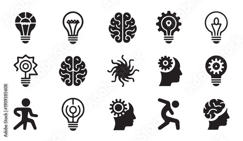 Creative innovation and cognitive function symbols featuring light bulbs gears and brain art