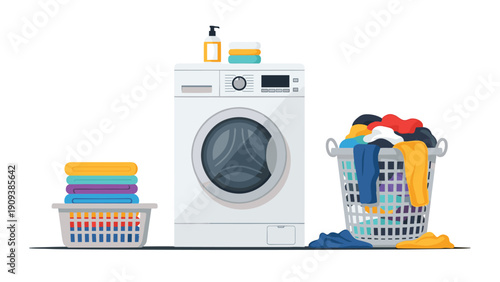 Organized laundry room setup with a modern white washing machine, baskets of folded colorful clothes, and cleaning supplies on top.