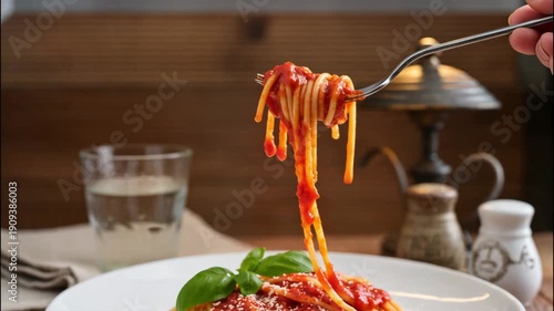Enjoying Spaghetti With Tomato Sauce and Fresh Basil at a Cozy Restaurant in the Evening