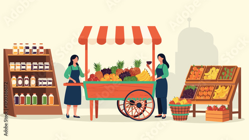 Vibrant fruit and vegetable market stall with two female vendors selling fresh produce in an outdoor setting.