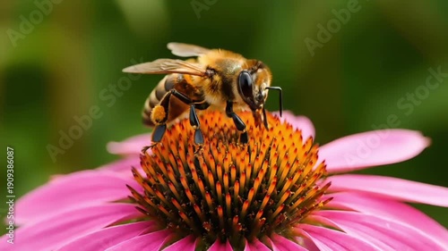 Close-up of a bee collecting nectar from a vibrant pink coneflower with a blurred green background, warm tones.