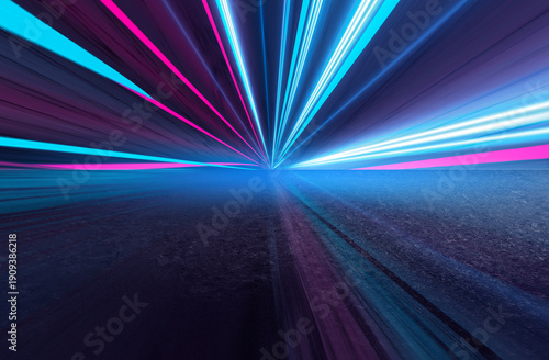 Background of empty room, concrete floor and walls, tiles. Multicolored laser lines, neon light, smoke