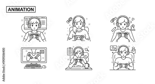 Diverse Gamers Playing Video Games with Headphones - Animation Style Line Art