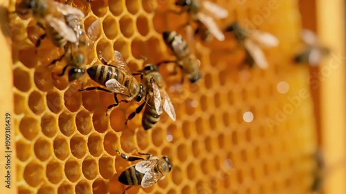 Close-up of bees on a honeycomb with a shallow depth of field, showcasing their activity with warm golden tones in a natural setting.