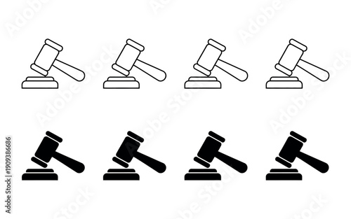 Judge Gavel and Law Icon Set featuring a collection of professional wooden hammer symbols representing justice, legal authority, and courtroom proceedings.