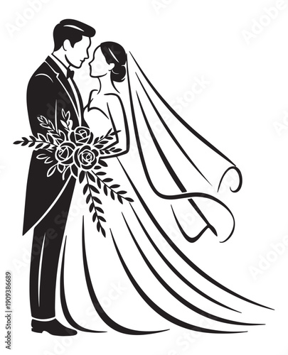 Elegant Wedding Couple Bride and Groom Silhouette Illustration