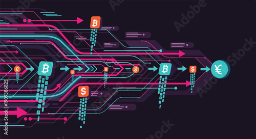 Abstract visualization of digital currency exchange and blockchain technology, illustrating the complex flow of financial data and global transactions.