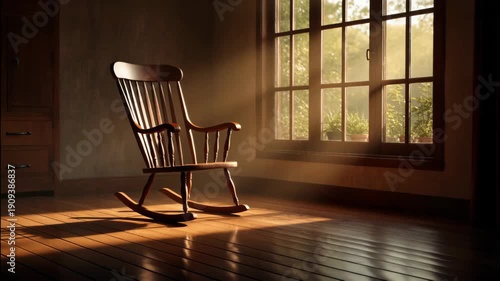 Sunlight Shining Through Window on Rocking Chair in Quiet Room