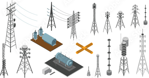 Electrical transmission infrastructure illustration, high voltage tower equipment set, transformer power grid diagram, engineering technical energy drawing
