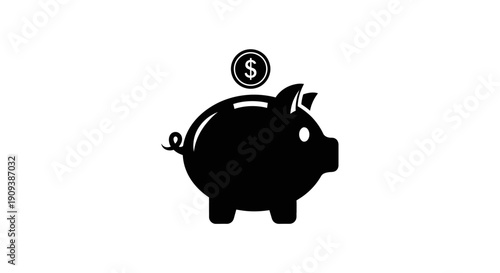 Black piggy bank icon with a dollar coin on an isolated white background, representing financial savings and investment.