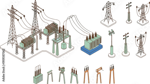 Electrical transmission substation illustration, high voltage transformer system, power grid infrastructure diagram, engineering technical energy distribution drawing