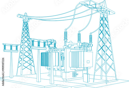 High voltage electrical substation illustration, transformer transmission equipment diagram, power grid infrastructure, engineering technical energy distribution drawing