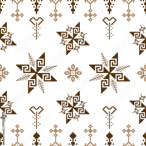 Seamless Ethnic Tribal Geometric Pattern with Traditional Pixel Ornament in Brown Beige Tones. ideal for fabric prints, fashion textiles, wallpapers, home decor, packaging, stationery.
