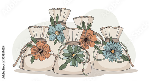 Hand-drawn floral gift bags, rustic drawstring pouches with blooming flowers, pastel colors