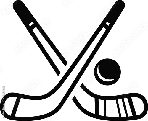 Two hockey sticks and a puck in a simple graphic illustration .,