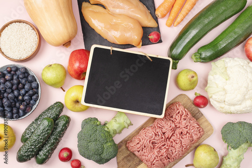 Flat lay of fresh low histamine, anti inflammatory and AIP friendly foods