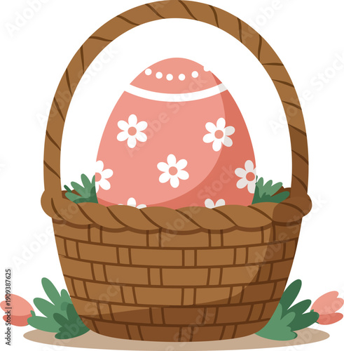 A beautiful spring Easter wicker basket filled with colorful eggs and a blossom bouquet of pink roses and yellow flowers, isolated for a holiday celebration gift