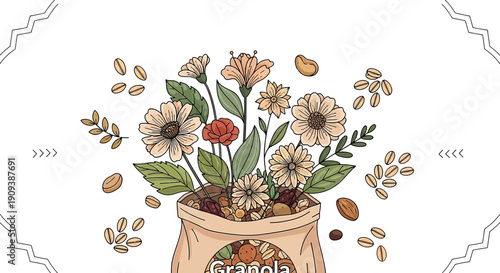 Hand-drawn Granola Bag with Floral Bouquet and Seeds