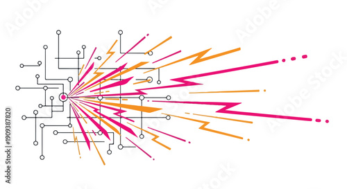 Abstract digital network explosion with circuit lines and energetic lightning bursts, representing data flow, innovation, and technological connection and speed.