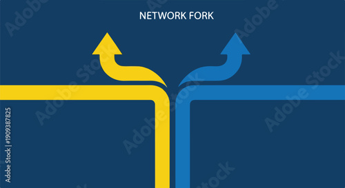 Network fork concept illustration showing merging and diverging arrows, symbolizing strategic decisions, data flow, technological paths, and business choices.