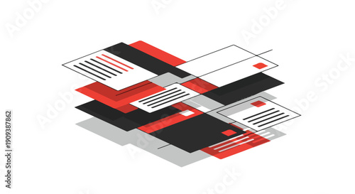 Modern isometric stack of abstract data cards in red, black, and white. Visualizing layered information, digital content, document management, or business organization concepts.