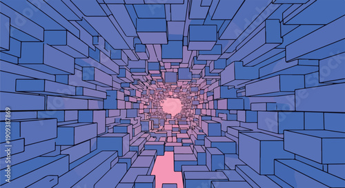 Abstract digital tunnel of blue and purple geometric blocks leading to a bright light, representing data flow, cyberspace, and technological advancement.