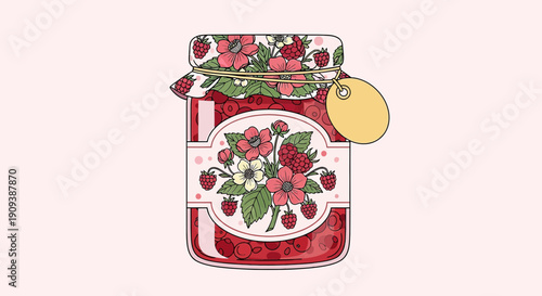 Hand-drawn Strawberry Jam Jar with Floral Lid and Label, Cute Cottagecore Illustration