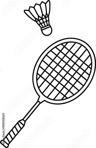 A simple line drawing of a badminton racket and shuttlecock in mid-air.
