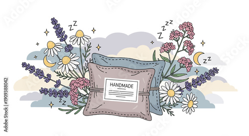 Handmade Pillow with Lavender and Daisies, Sleepy Dream Illustration
