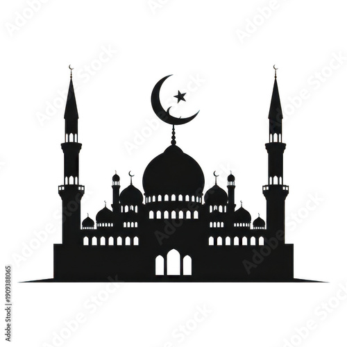 Islamic mosque architecture with minarets and crescent moon isolated on transparent background