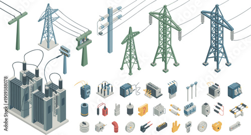 Isometric electrical transmission towers and transformer equipment illustration set, power grid infrastructure diagram, engineering technical energy drawing